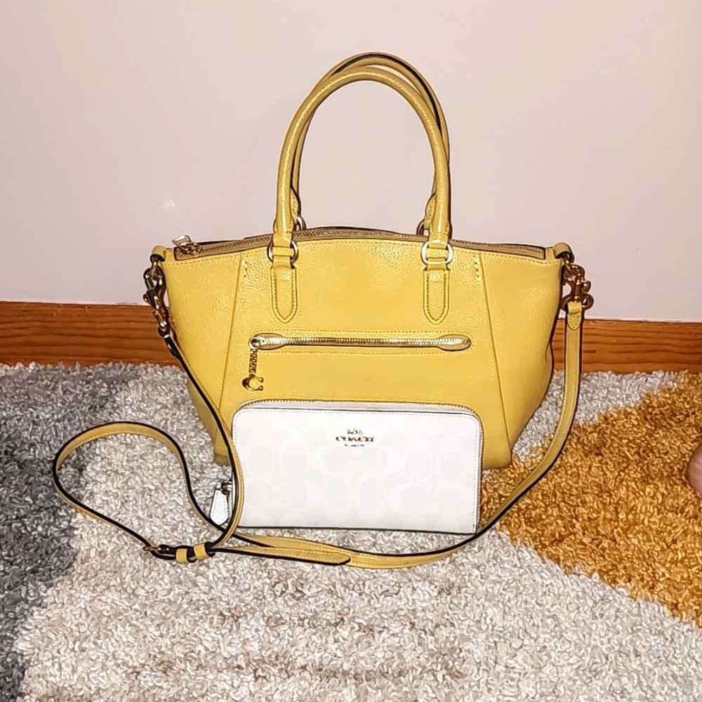 Medium Yellow and Gold Coach Handbag with White and Gold Coach Wallet
